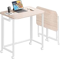 JSB Small Folding Computer Desk with Wheels - 23.6" Portable Laptop Table for Home Office, Modern Industrial (Natural & White)