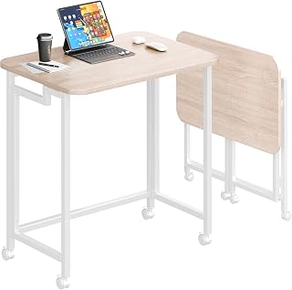 JSB Small Folding Computer Desk with Wheels - 23.6" Portable Laptop Table for Home Office, Modern Industrial (Natural & White)