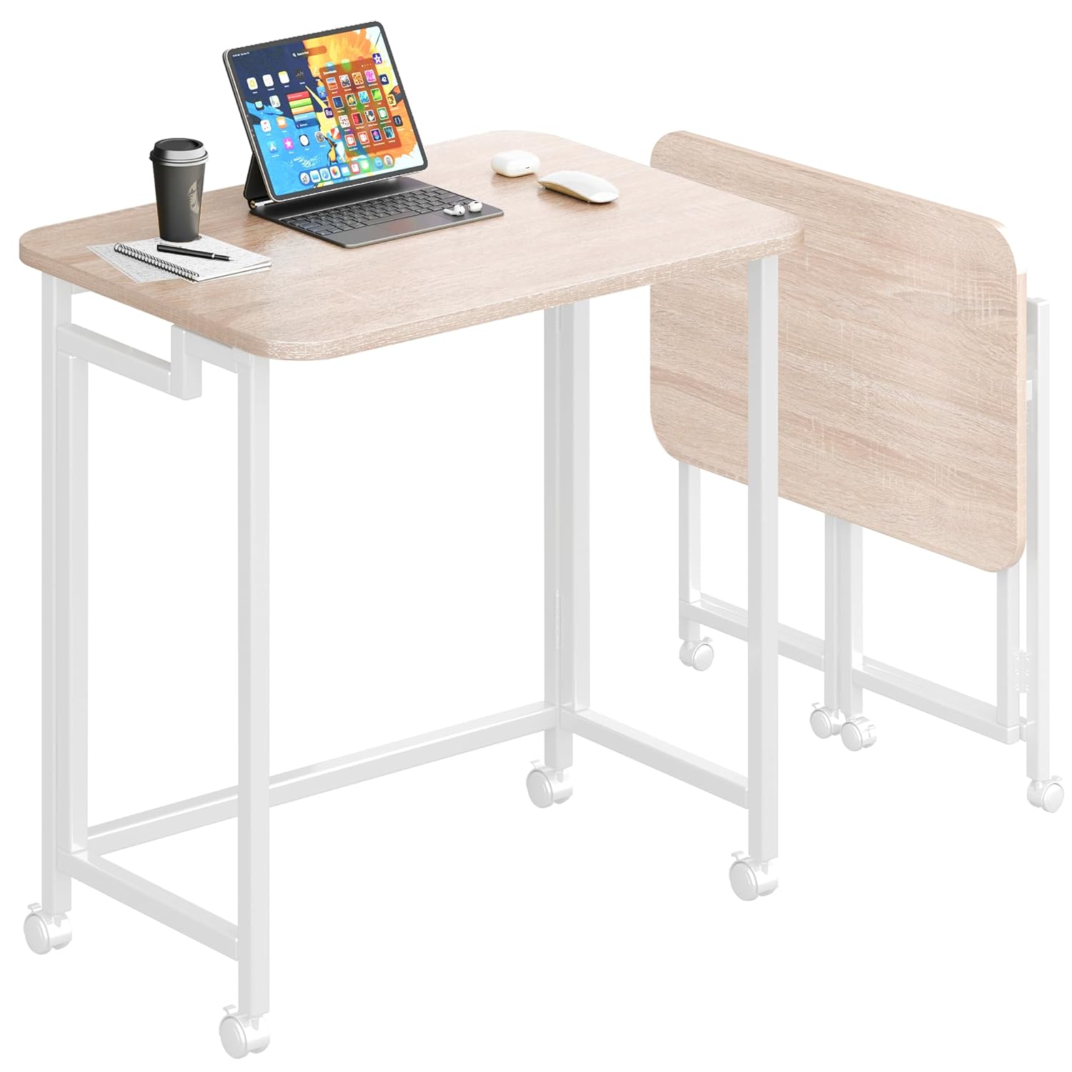 JSB Small Folding Computer Desk with Wheels Writing Modern Industrial Work Table Laptop for Home Office Natural White