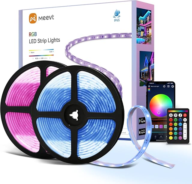 MMEEVT Outdoor LED Strip Lights, 10m IP65 Waterproof RGB Rope Lights with Music Sync, Smart Strip Light with APP Control and RF Remote for Patio, Roof, Balcony, Porch, 2 Rolls of 5m