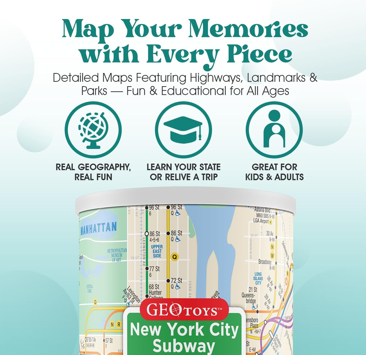 Geotoys New York City Subway Mini Puzzle - 100 Piece Puzzles for Kids and Adults in Portable Can, 13" x 10" Educational Travel Puzzle for Ages 7 and Up - Mini Puzzles to Learn & Explore Geography