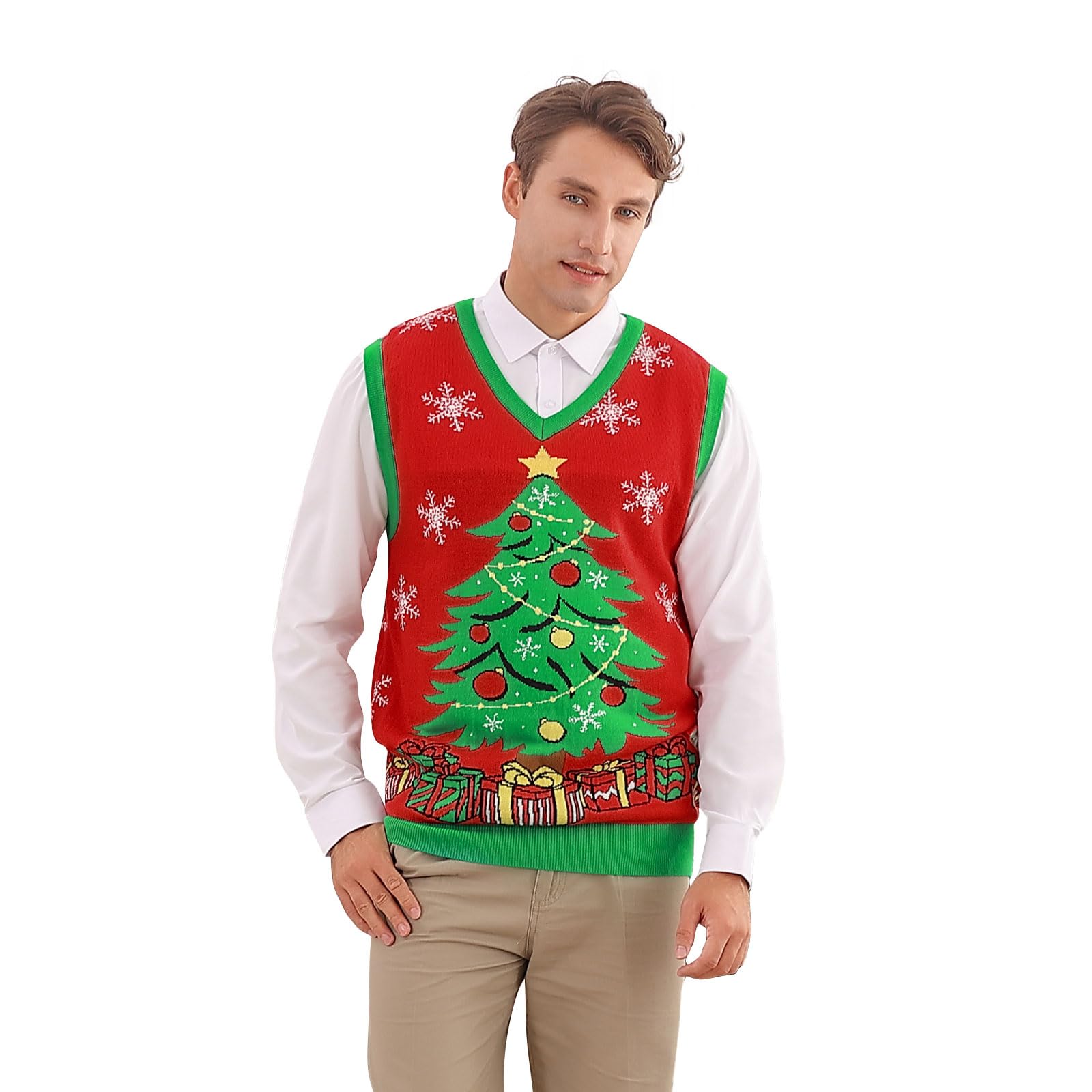 Loveternal Herren Pullunder Weihnachten V-Ausschnitt Christmas Strickweste Ärmellose Pullover Relaxed Fit Weste Sweater Vest für Männer Ugly Strick Pullover Business Tank Tops M-XXL