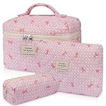 Gosect Makeup Bag Set, Cute Cosmetic Bag for Women Girls, Floral Coquette Aesthetic Toiletry Bag, Travel Make Up Organizer BagPink Check