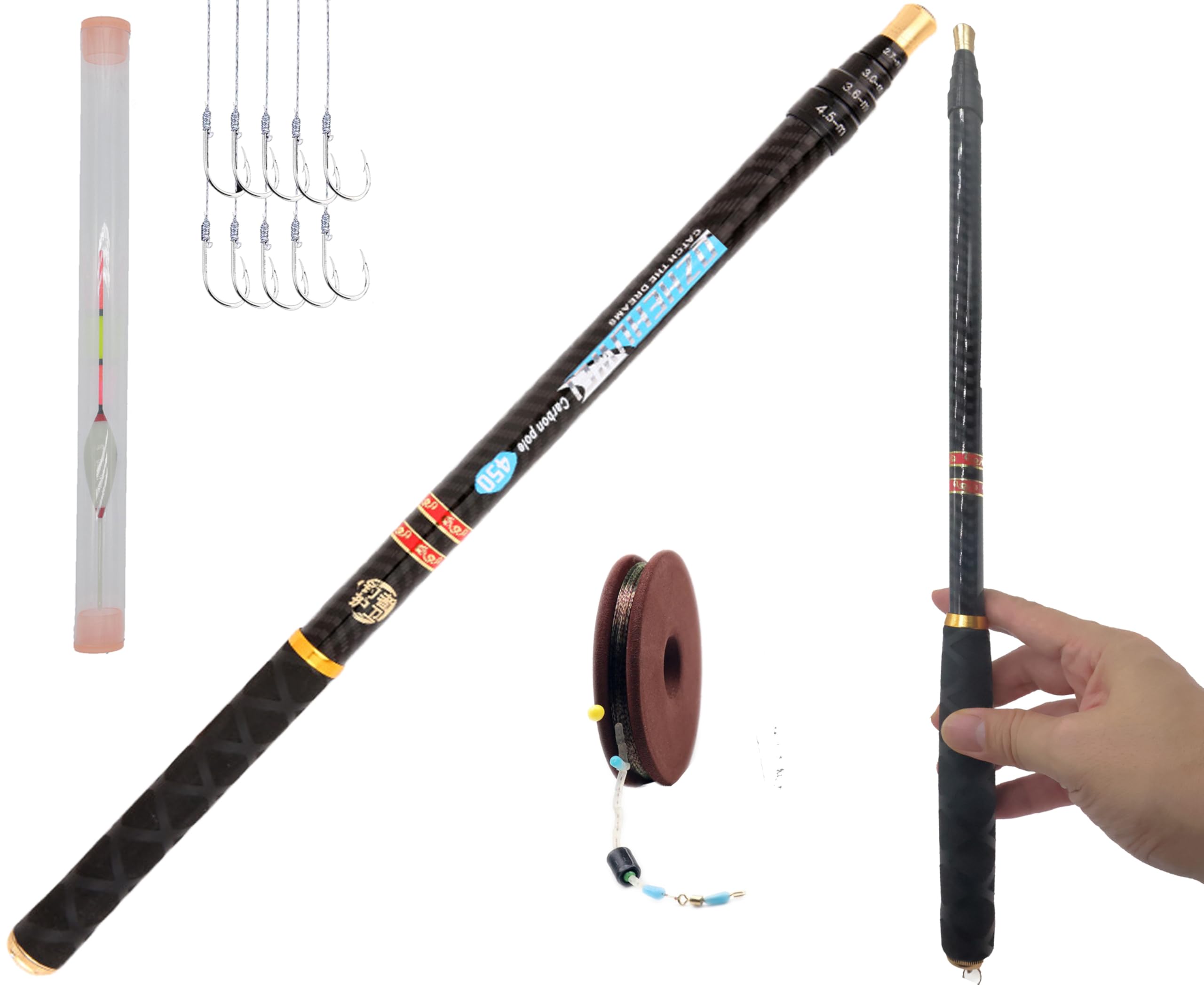 Carbon Fiber Tenkara Rod Fishing Rod 1:9 Action-Lightweight Collapsible Bass Crappie Floating Telescopic Rod 20.7FT with Zoom Rod Ultralight Small Hand Rod (Tenkara Rod kit, 14.8ft-4.5m)