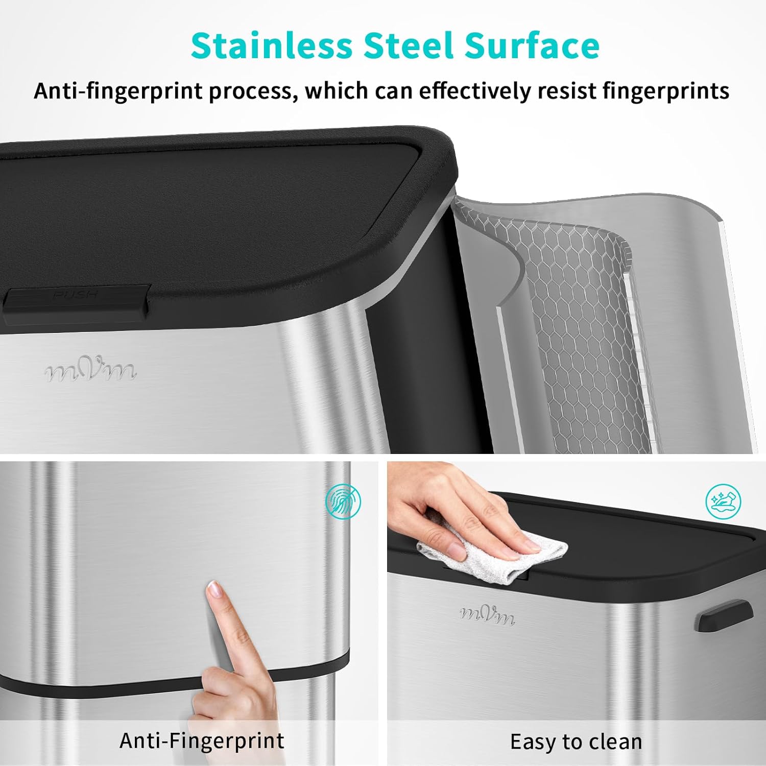 mVm 16 Gal / 60 L Trash Can with Lid – No Inner Bucket, Brushed Stainless Steel Kitchen Trash Can, Anti-Fingerprint & Easy to Clean. Garbage Can for Kitchen, Home, Office, Living Room (Silver)