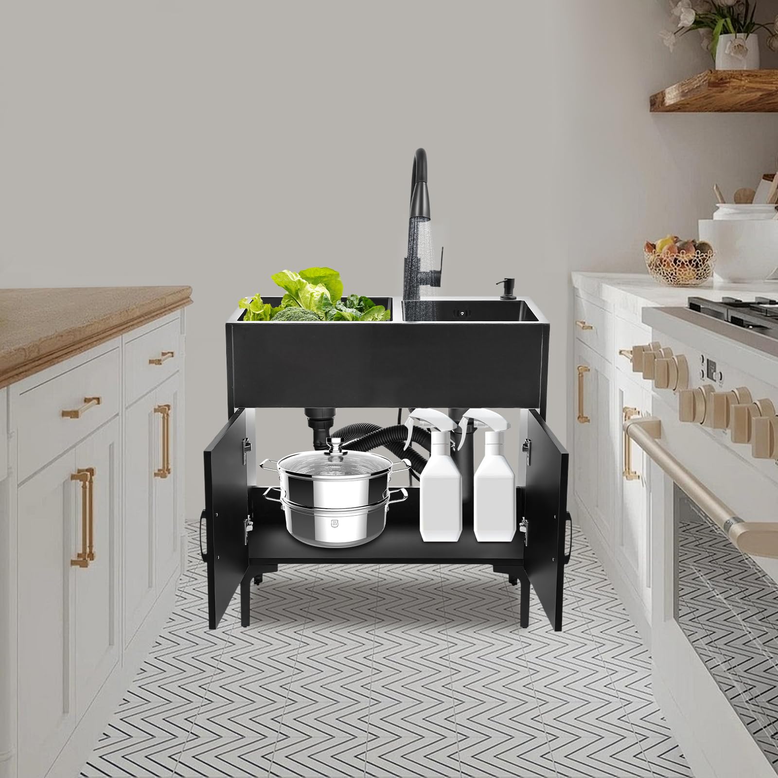 Lavello da cucina autoportante in acciaio inox con 2 vasche da 75 x 41 cm, lavello nero con rubinetto estraibile e mobiletto inferiore, per cucina domestica, giardino, esterni, lavanderia