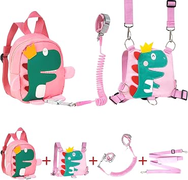 Funsland Sac à Dos Harnais Peluche Tout-Doux avec Laisse et Bracelet Anti-Perte Rose