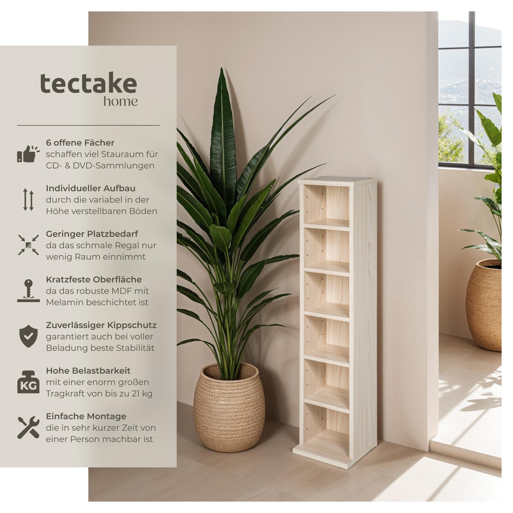 tectake® CD Regal für bis zu 102 CDs - Aufbewahrung für CD Hüllen, DVD Ständer, Holzregal Wand, Wohnzimmerschrank, Büroschrank, Offenes Stauraumregal - Buche