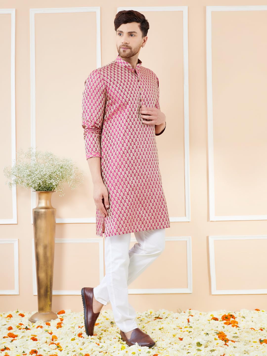 See Designs Men Long Sleeve Side Slit Mandarin Collar Pink Ethnic Motifs Silk Jacquard Woven Design Straight Kurta - Bnrskt724Xl