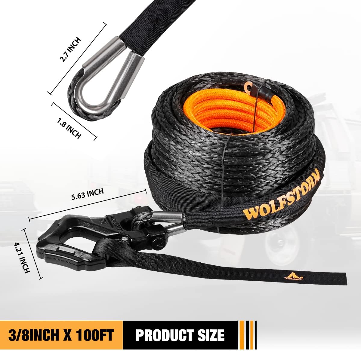 Synthetic Winch Rope, 3/8" x 100ft 28600LBS Winch Line with Protective Sleeve + Forged Winch Hook + Black Safety Pull Strap go Ribbon for 4WD Off Road Vehicle Truck SUV ATV UTV