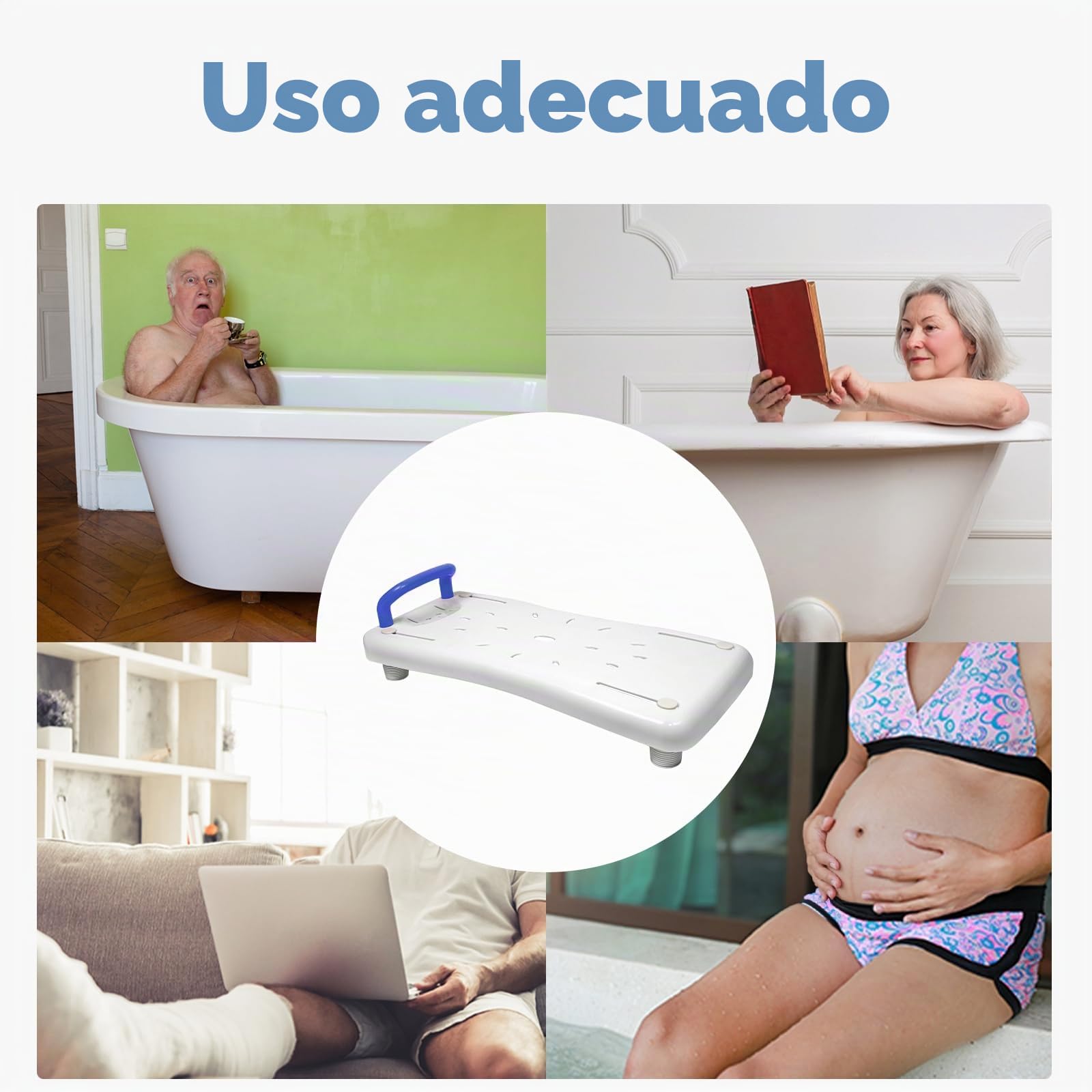 LARS360 Tabla de bañera con asiento para personas mayores, adultos, ajustable, tabla para sentarse, para bañera, silla para baño, máx. 150 kg, con mango azul, color blanco