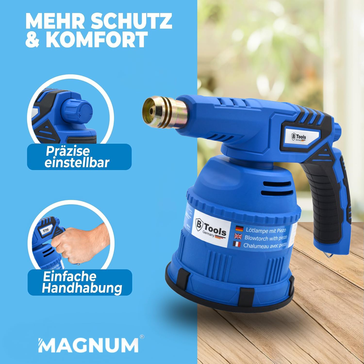 MAGNUM® Lötbrenner [1200°C] – Gasbrenner mit Piezo Zündung und Feinregulierventil – Bunsenbrenner für Löten Auftauen Unkraut entfernen und vieles mehr (4x Gartuschen 190 g)