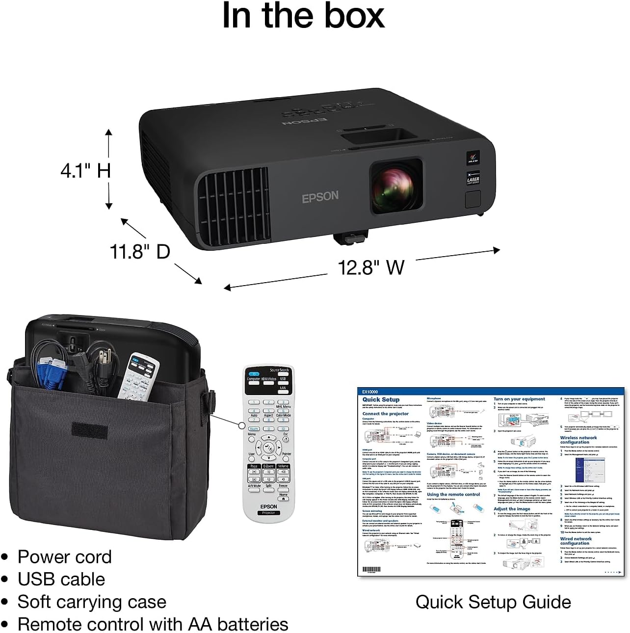 Epson Pro EX10000 3-Chip 3LCD Full HD 1080p, Wireless Laser Projector 4,500 Lumens Equal Color and White Brightness, Miracast, 2 HDMI Ports, Built-in 16W Speaker