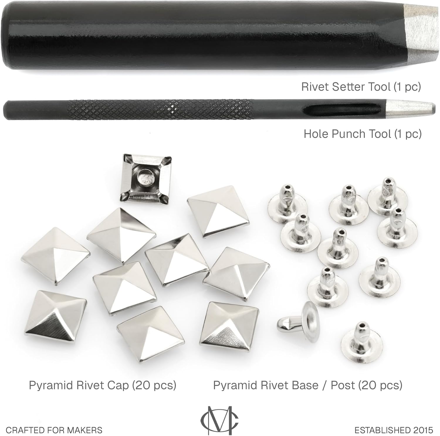 CRAFTMEMORE Pyramid Rivet Setter, Spike Rivet Setting Tool Kit, Hole Punch Cutter, 20 Pyramid Rivets in Silver (10 MM Setter)