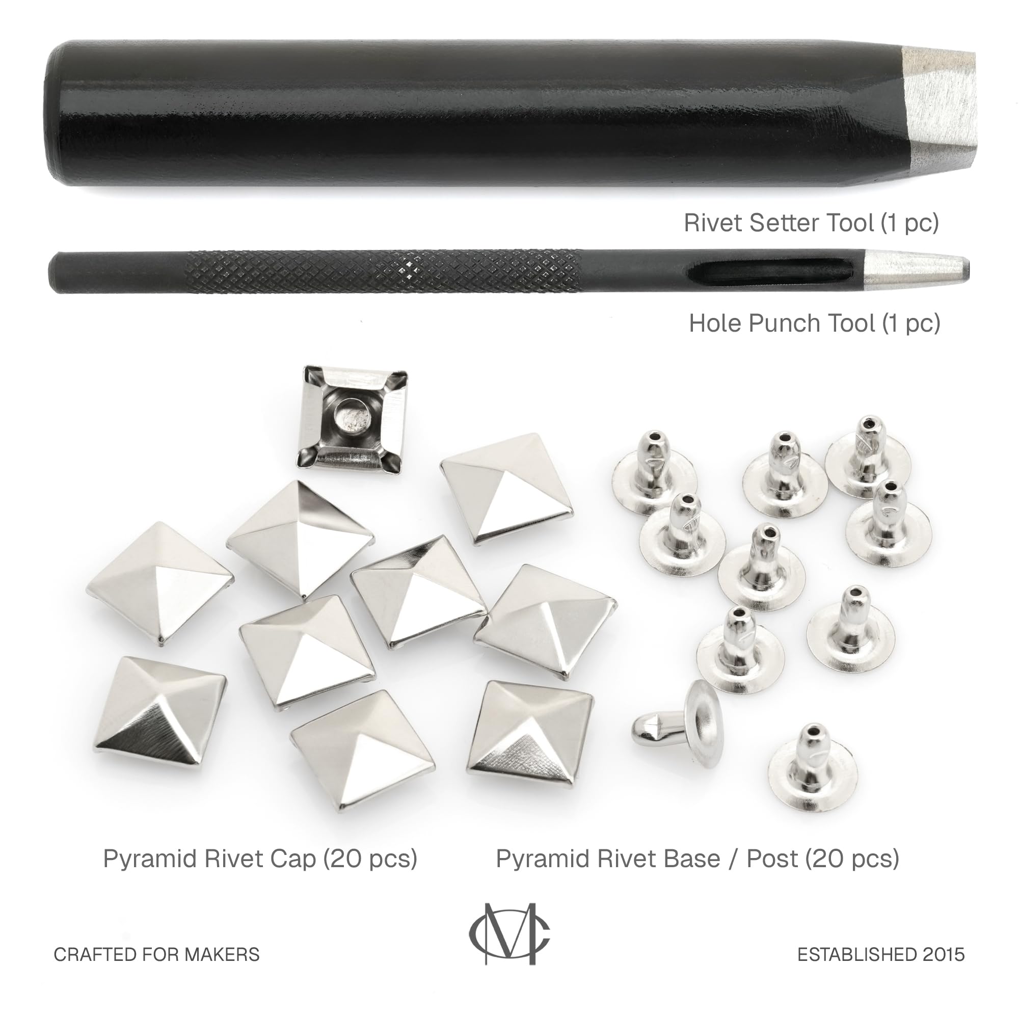 CRAFTMEMORE Pyramidennieten-Set, Spike-Nieten-Einstellwerkzeug, Lochstanzer, 100 Pyramidennieten in Silber (10 mm)