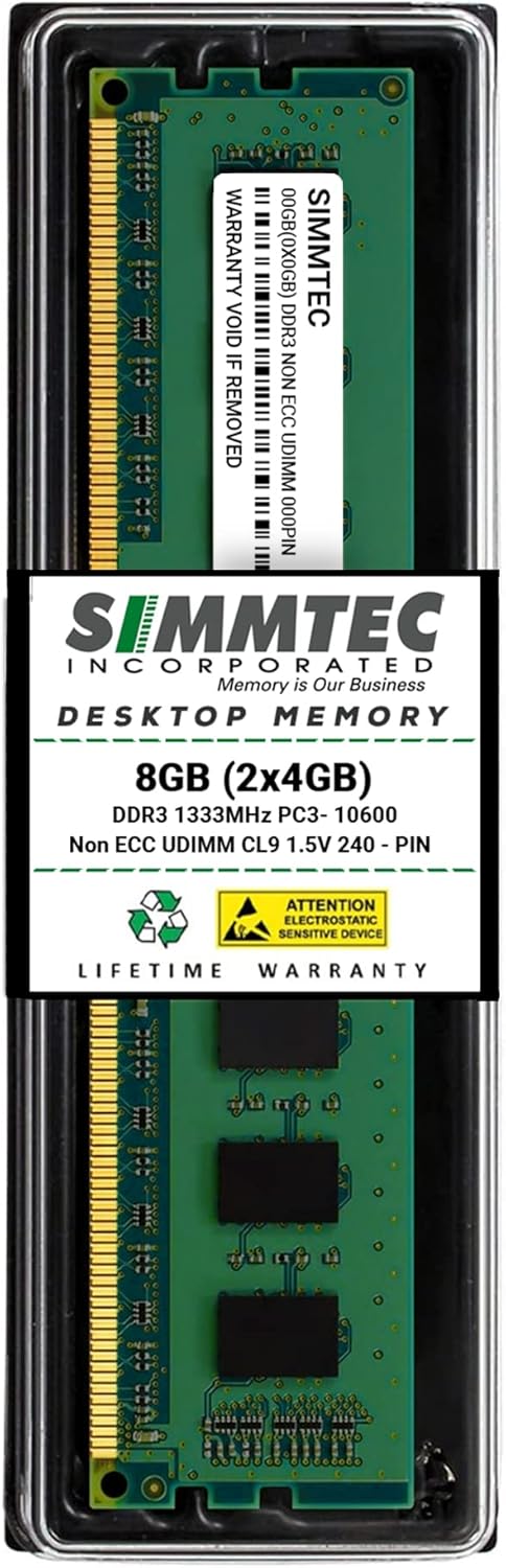 Simmtec 8GB (2x4GB) DDR3 1333MHz DIMM PC3-10600 UDIMM Non-ECC CL9 240-Pin Desktop Computer RAM Memory Upgrade Kit