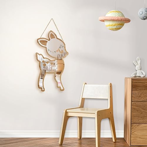 Sinco - Espejo de pared decorativo de acrílico con marco de madera natural con forma de ciervo para guardería, habitación de niños, 14.98 x 7.8 x