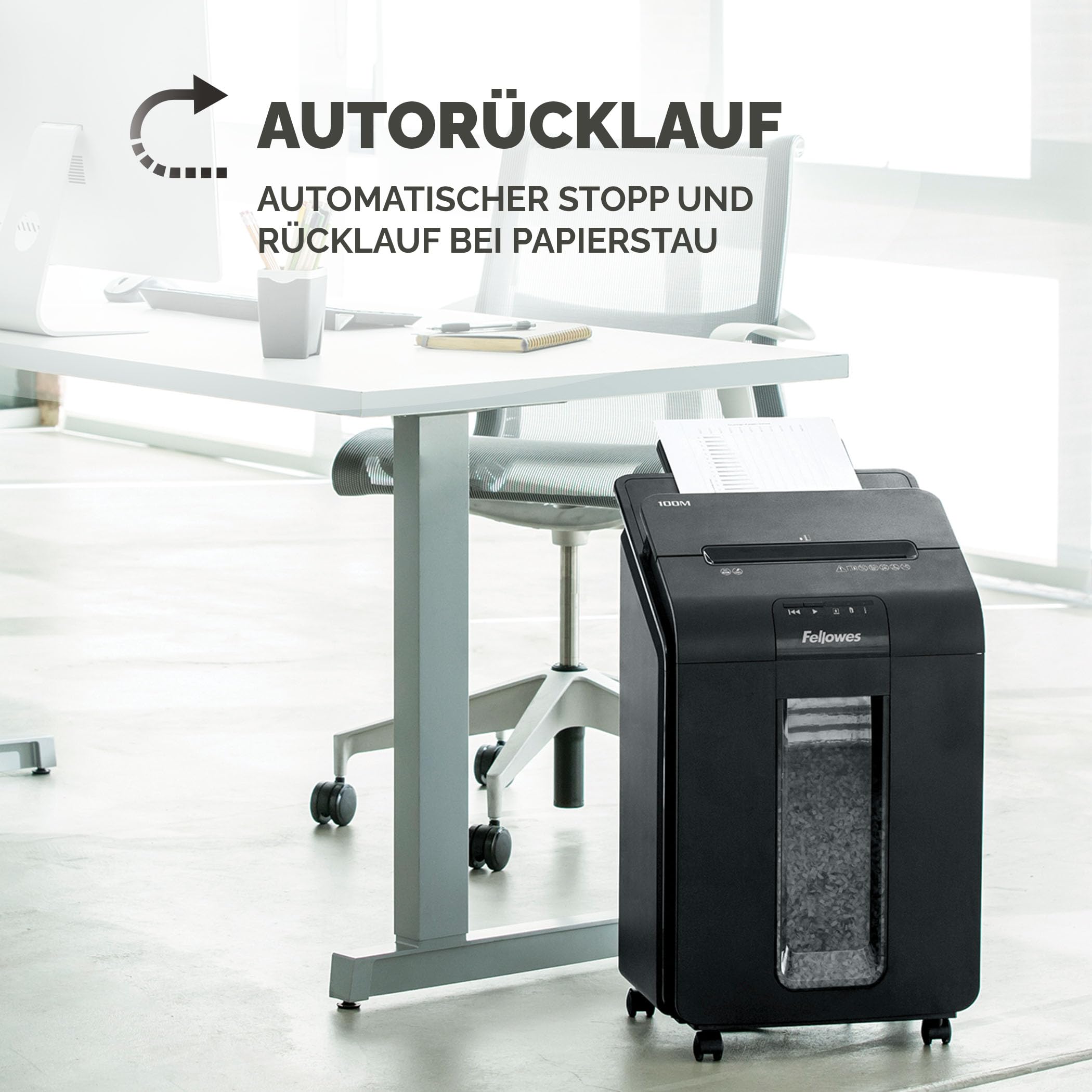 Fellowes Aktenvernichter Autofeed, 100 Blatt Minicut (P4), Papierschredder Hybrid mit automatischem und manuellem Einzug für Büro, AutoMax 100M Schredder, sehr leiser Aktenvernichter, 23L Papierkorb