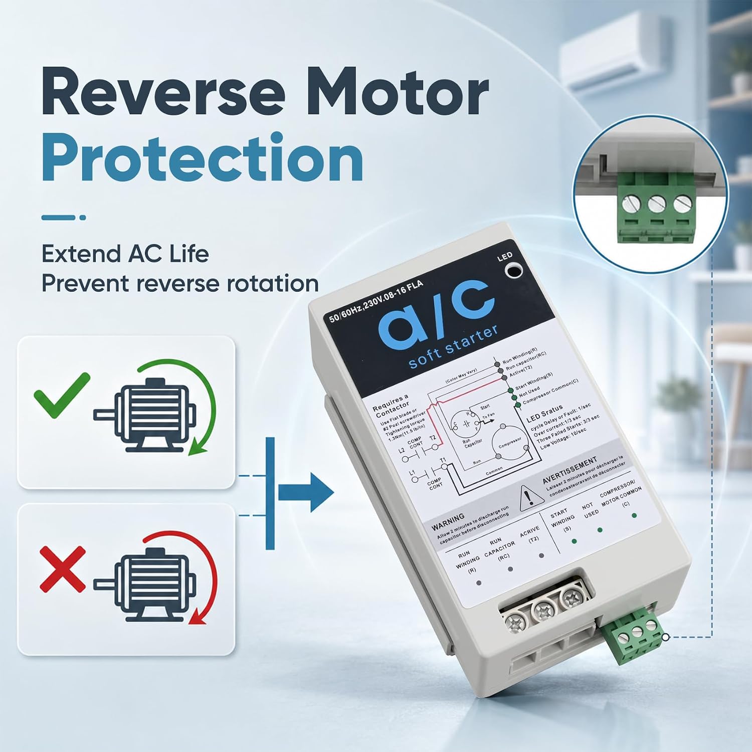 AC Soft Start Kit 08-16A for 1.75-3.5 Ton 230V HVAC Air Conditioner, Reduce Startup Current by 70% with Reverse Motor Protection, Quiet Start Soft Starter Module for Home, RV, Camper