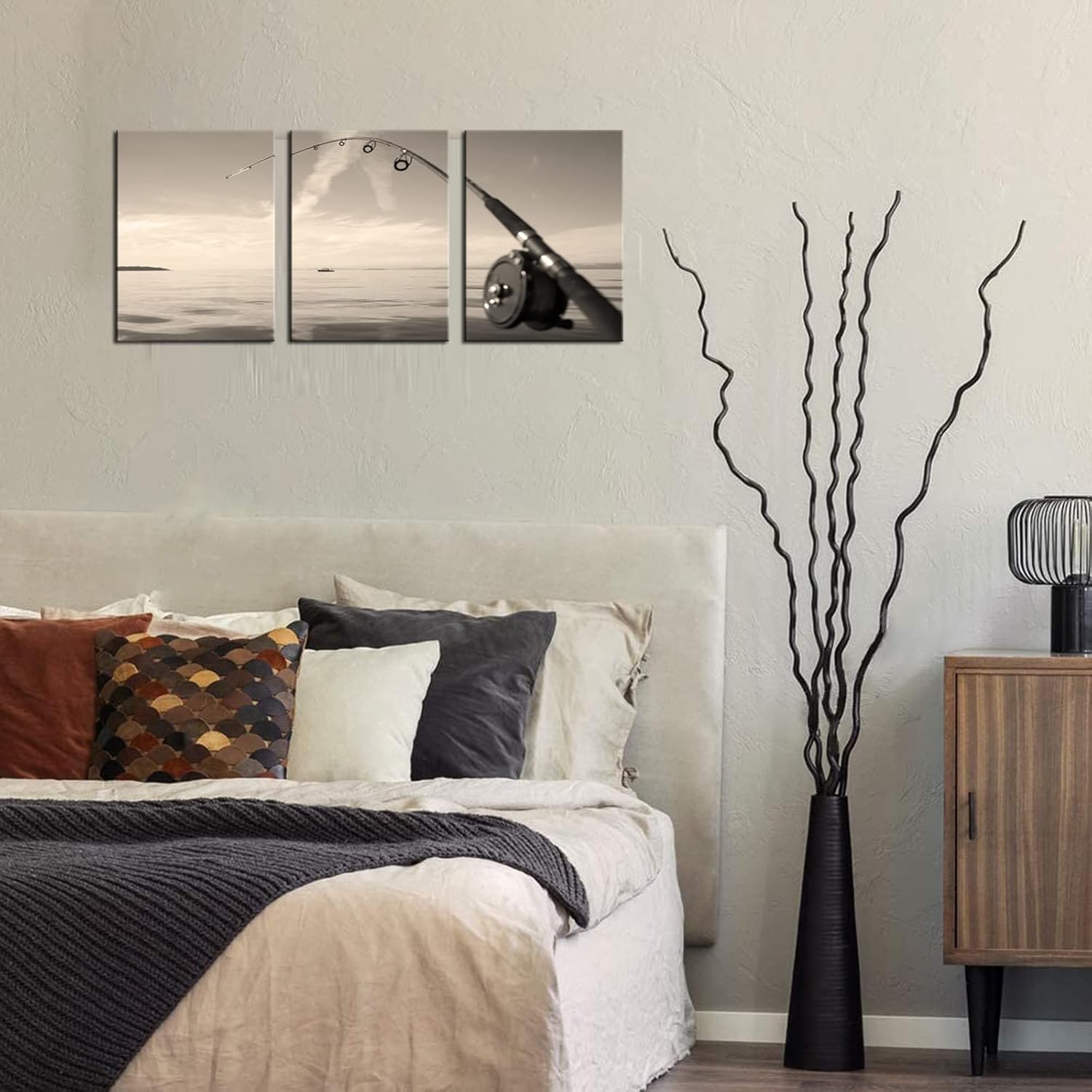 Biuteawal 3 Piece Canvas Print Fishing Wall Art Close Up View of Brown Fishing Rod Picture Painting Ocean Nature Photography Vintage Artwork Home Office Bathroom Bedroom Decor Ready to Hang - Image 5