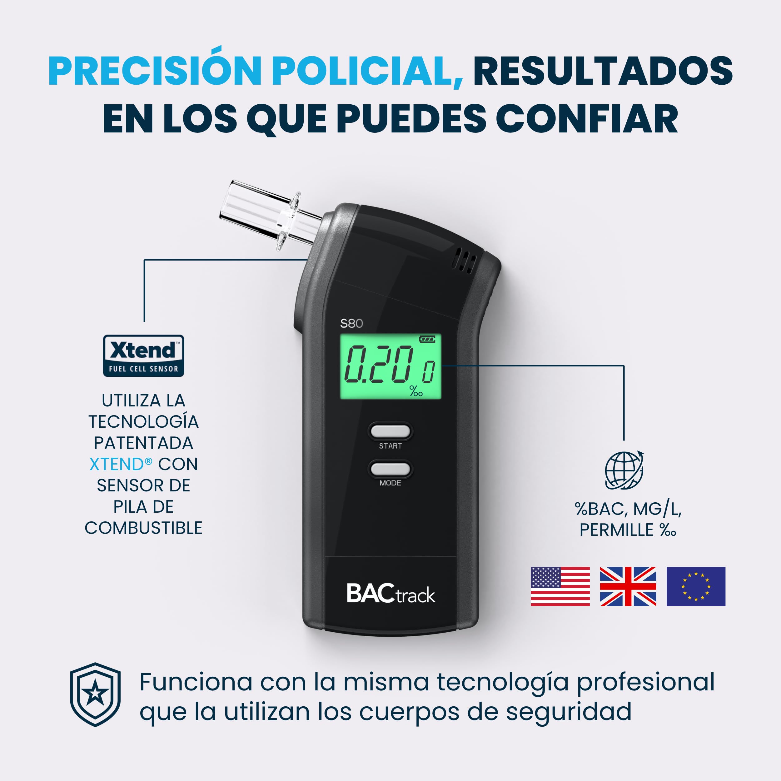 Alcoholímetro Portátil BACtrack S80 | Alta Precisión Profesional | Aprobado por DOT, NHTSA y FDA 510(k) | Ideal para Uso Personal y Profesional | Compacto y Fácil de Usar