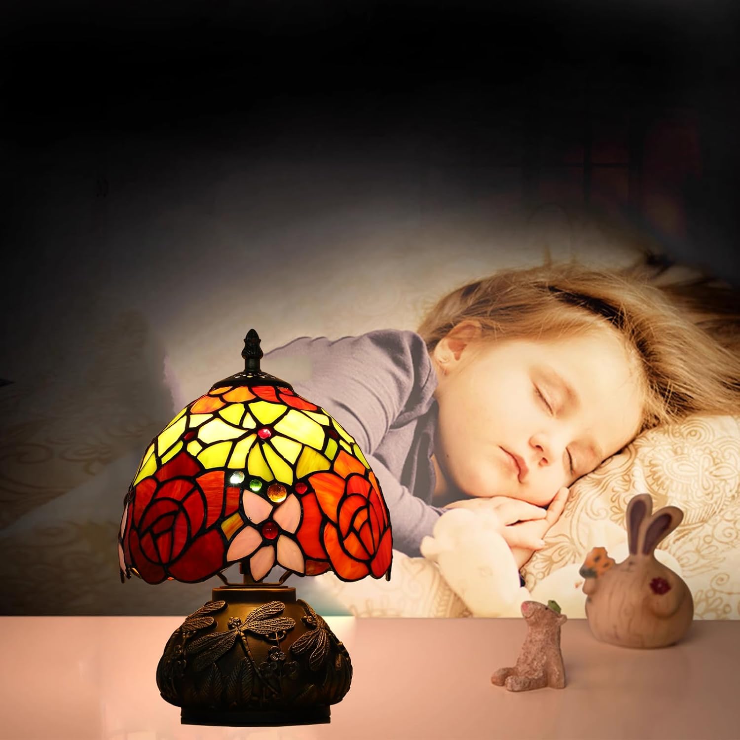 Tiffany Style Table Lamp, Stained Glass Lamp, Small Antique Lamp, for Nightstand Bedroom Living Room Home Office, Rose Flower Pattern, 8X11 Inch