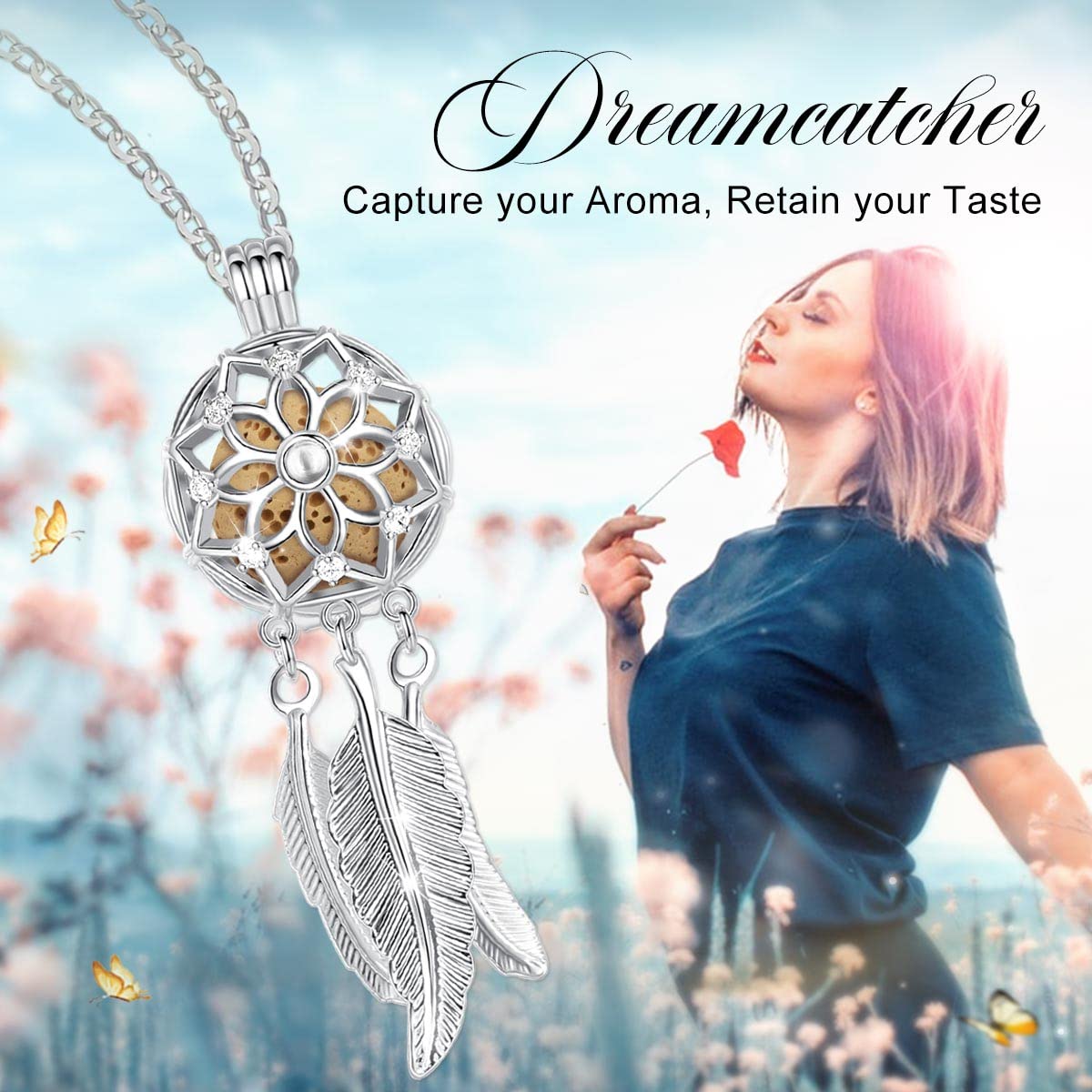EUDORA Harmony Ball Collana Aromaterapia Ciondolo con Oli Essenziali per Donna, Collana con Diffusore Regalo di Gioielli per Ragazze con 7 Pezzi di Pietra Lavica, 24 Pollici