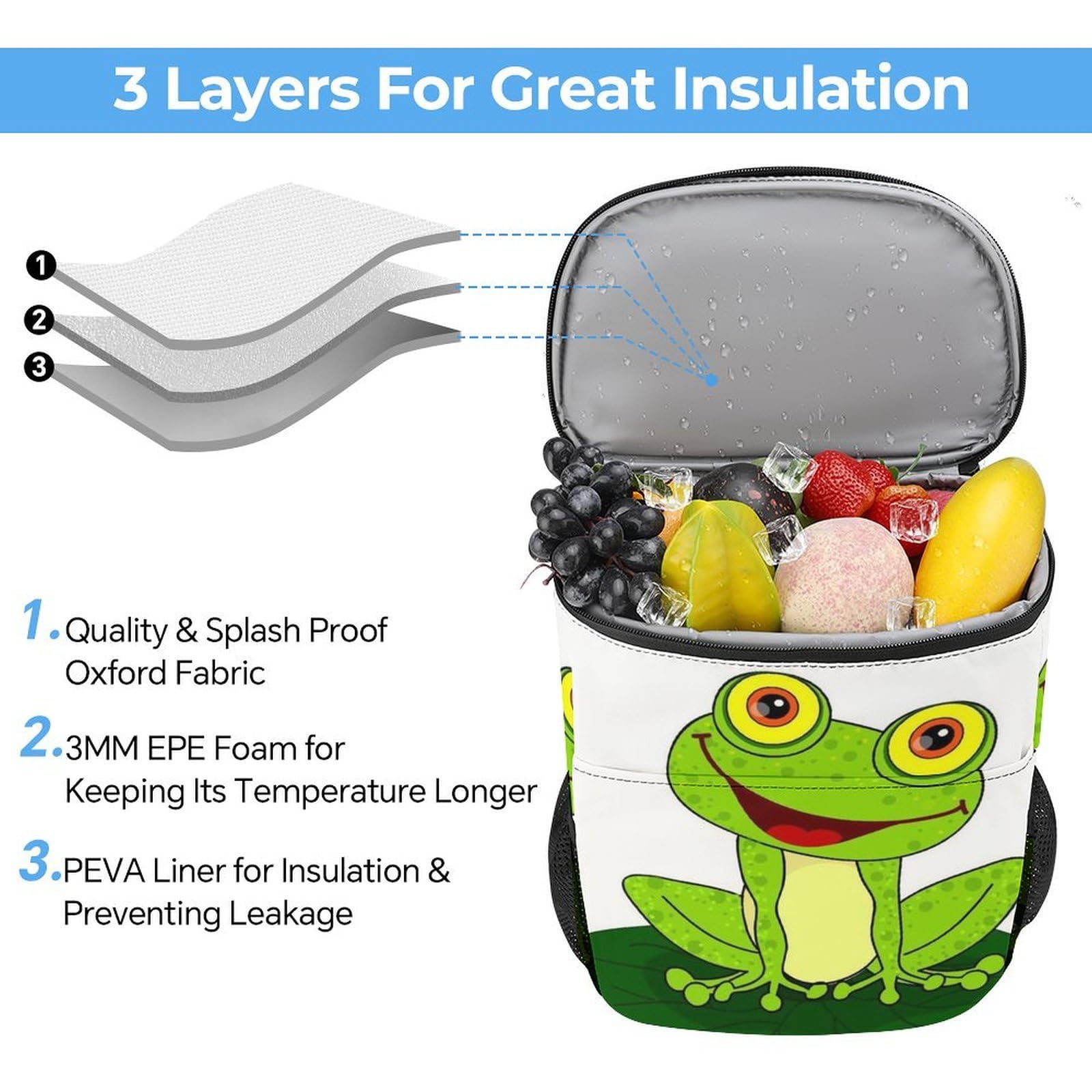 Happy Frog - Mochila térmica térmica a prueba de fugas de tela de sarga de poliéster resistente con correas acolchadas ajustables, bolsa térmica para picnic, camping, actividades al aire libre
