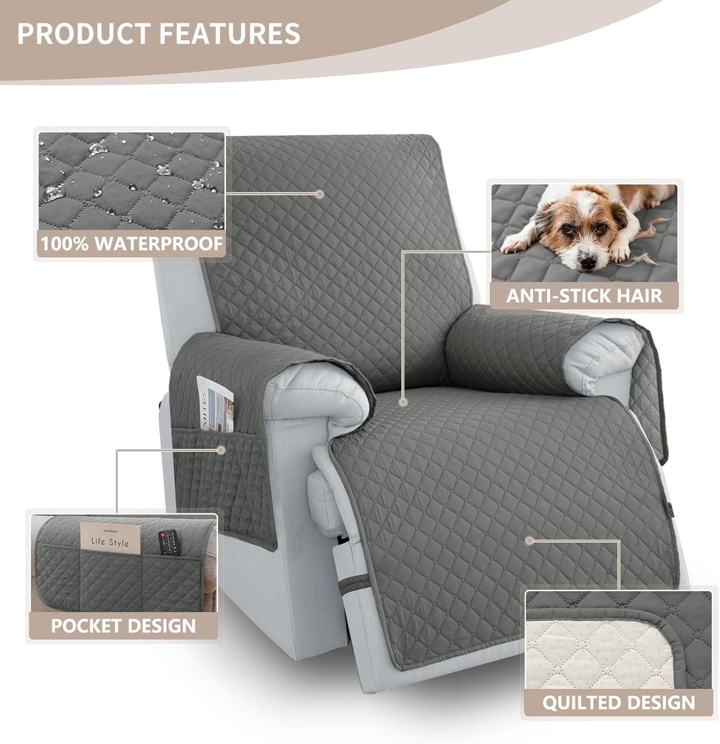 100% Waterproof Recliner Chair Covers 30", Non-Slip Recliner Cover for Chair with Pocket Washable Recliner Covers with Elastic Straps Oversized Recliner Cover for Kids Pets-Dark Gray