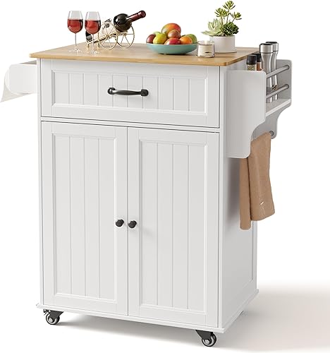 Gizoon Carrito de isla de cocina con estante ajustable, carrito móvil de 35.8 pulgadas de ancho con ruedas de metal con cajón y armario de
