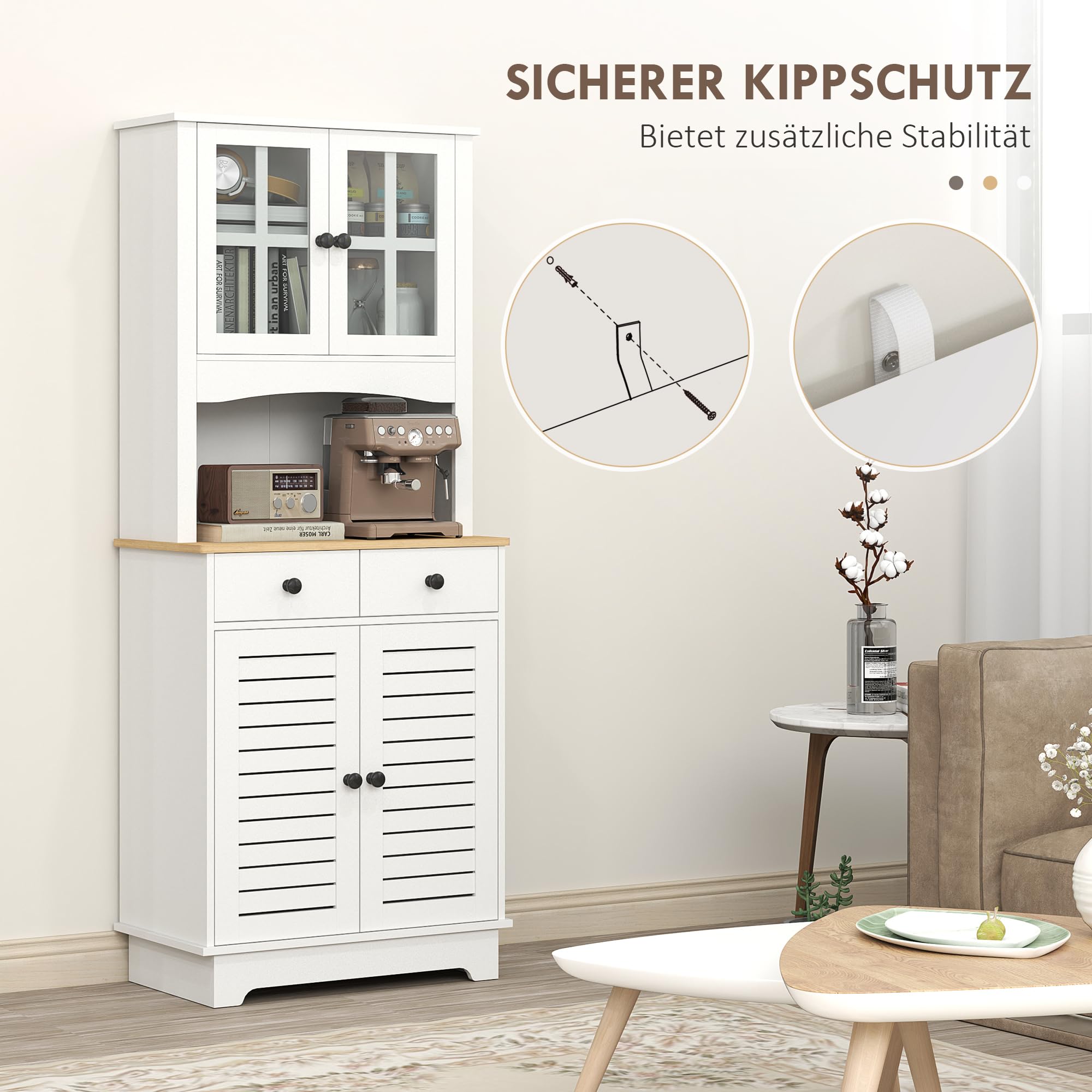 HOMCOM Küchenschrank, Hochschrank mit 2 Schränken, Küchenbuffet mit verstellbaren Ablagen, Buffetschrank, Esszimmerschrank für Küche, Esszimmer, 68 x 39,5 x 170 cm, Weiß