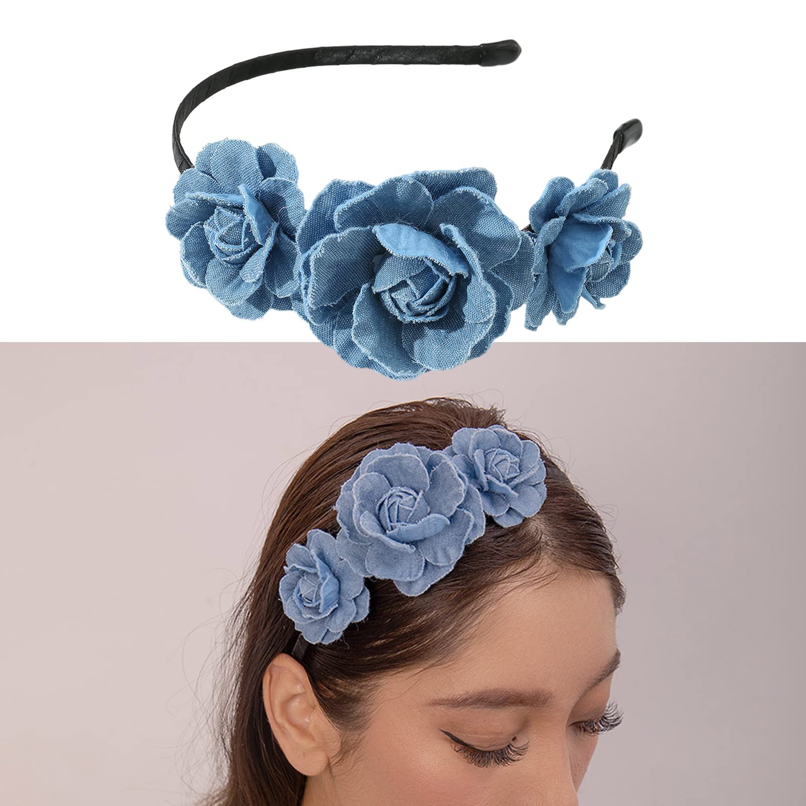 HUANIZI Rose Shape Blue Headbands for Woman Girl Washed-Denim Hairband for Spa Hair Hoop Multipurpose Hairband for Taking Photo - Image 2