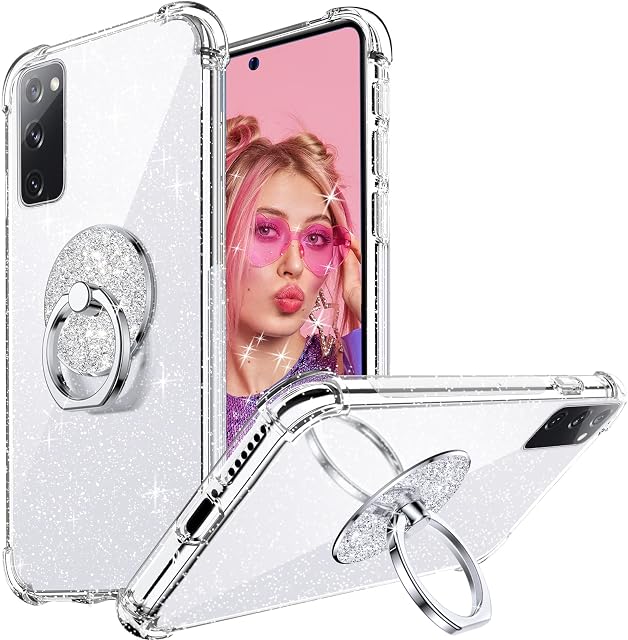 Rockaway for Samsung Galaxy S20 Fe Case,S20 Fe Phone Case Glitter with Ring Kickstand, Soft TPU Bumper Anti-Scratch Shockproof Transparent Sparkle Bling Cover for Women Girls - Clear