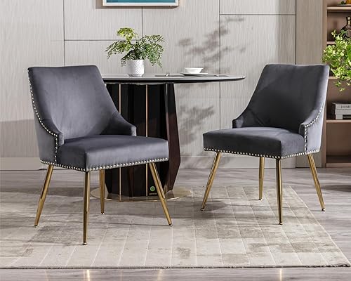 Miniatura 2 de KCC Juego de 2 sillas de comedor de terciopelo con forma de cabeza de clavo con patas doradas para cocina, sala de estar (gris)