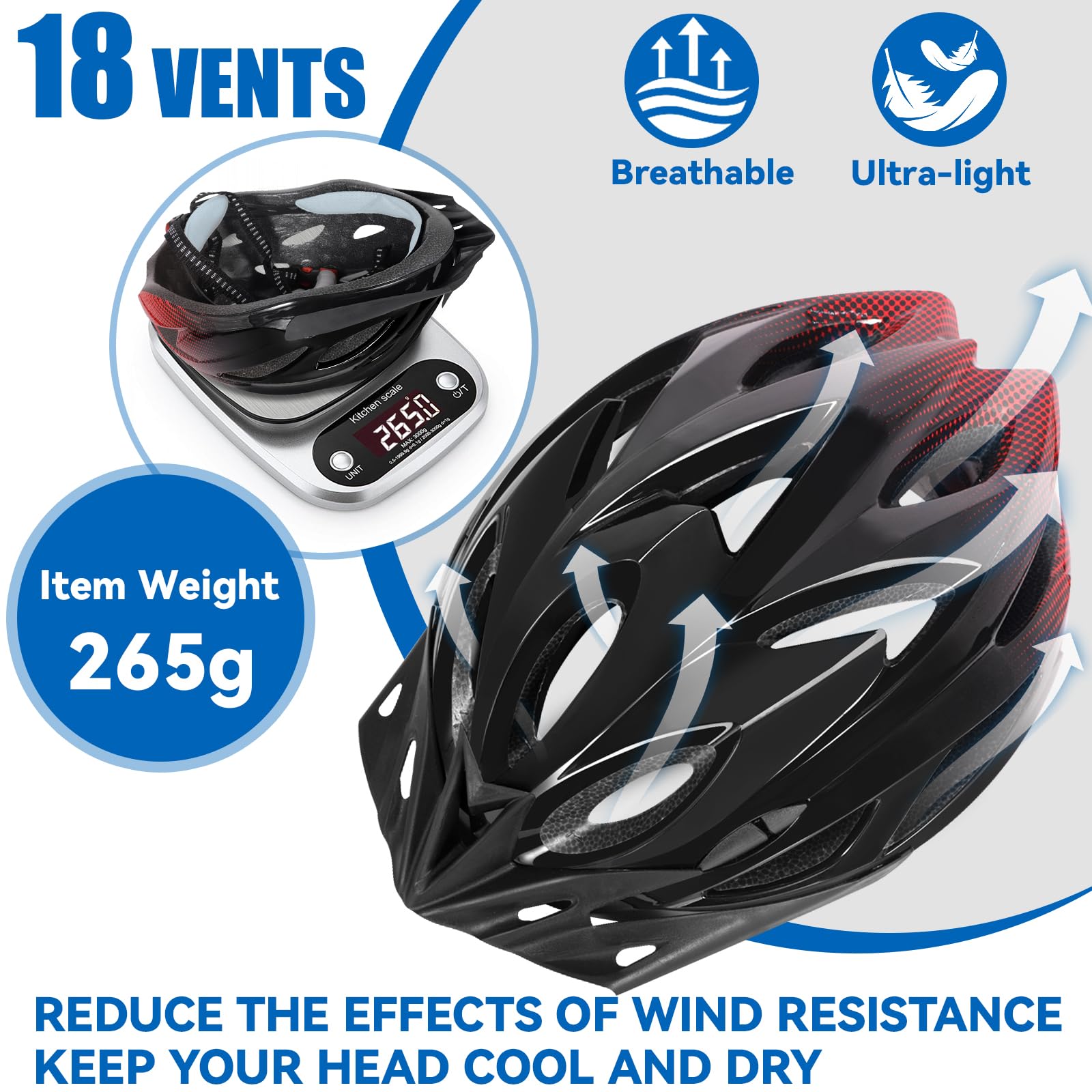 Casque de Vélo LED 3 Modes Léger Réglable Visière Amovible Taille 58-62 cm