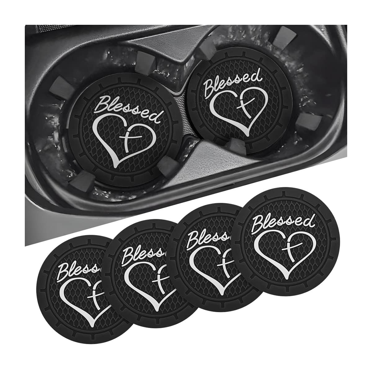 AICEL 4 Pack Car Cup Coasters, 2.75 Inch Soft PVC Car Cup Holder Insert Coaster, Blessed Cross and Heart Christian Anti Slip Shockproof Drink Mat, Universal Vehicle Interior Accessories (Black)
