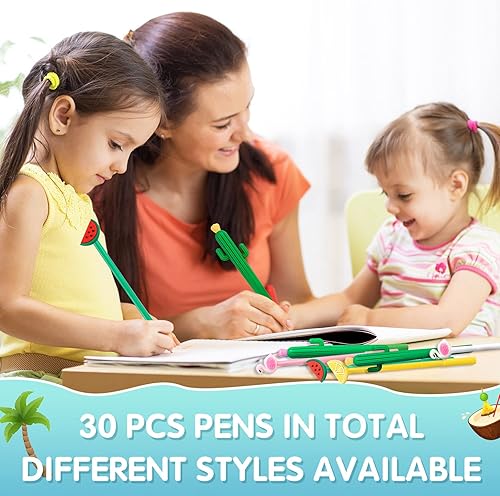 Miniatura 7 de 30 bolígrafos hawaianos Luau de tinta de gel negra de 0.020 in, lindo flamenco, sandía, cactus, limón, fruta, para niños, estudiantes, suministros