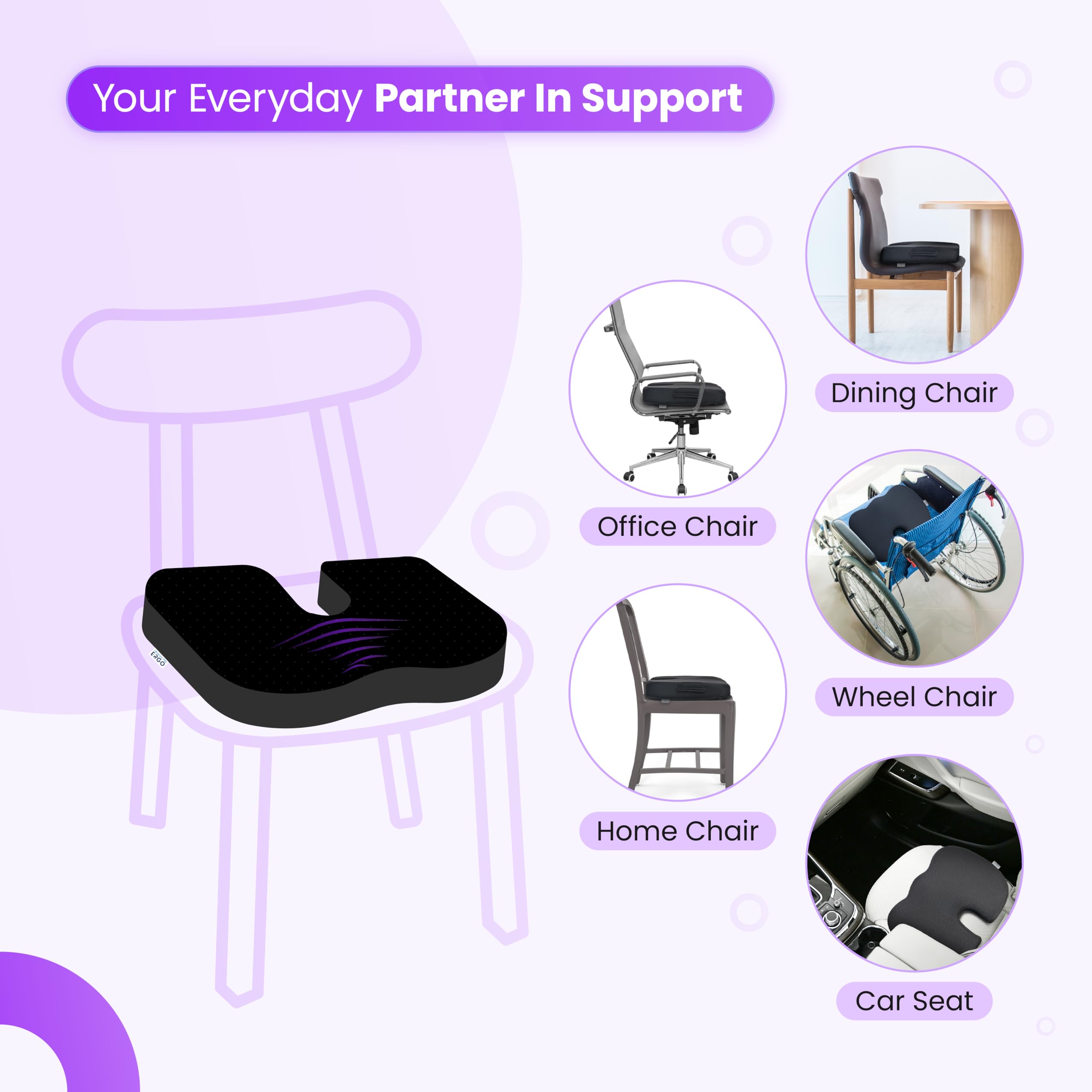 UltraCare PRO Memory Foam Ergo Coccyx Seat Cushion for Tail Bone Pain - Sciatica & Hip Pain Relief - Improves Sitting Posture - Ergonomic Design - Breathable Air Mesh, Black 3