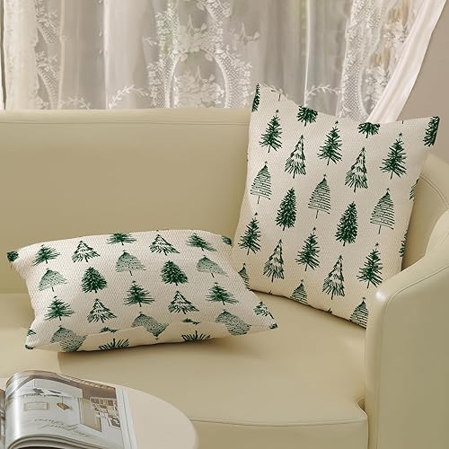 Miniatura 4 de Juego de 2 fundas de almohada de Navidad de 18 x 18 pulgadas, decoración navideña, fundas de almohada de lino con árbol de Navidad geométrico verde,