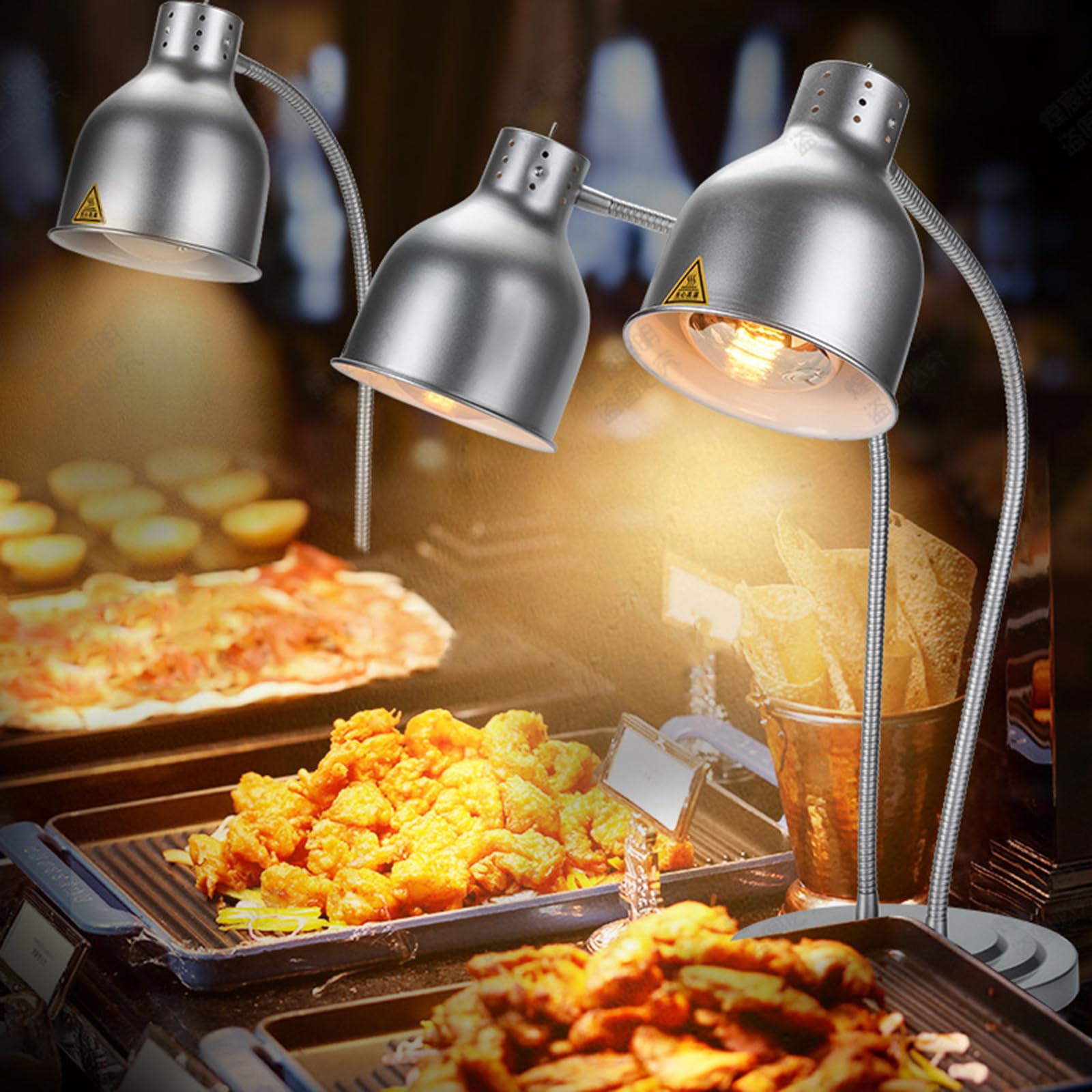 Lampa grzewcza do żywności, 2 głowice z szybko nagrzewającymi się żarówkami, lampy grzewcze do restauracji, kuchni, bufetu, cateringu, na imprezy i do żywności (srebrna)