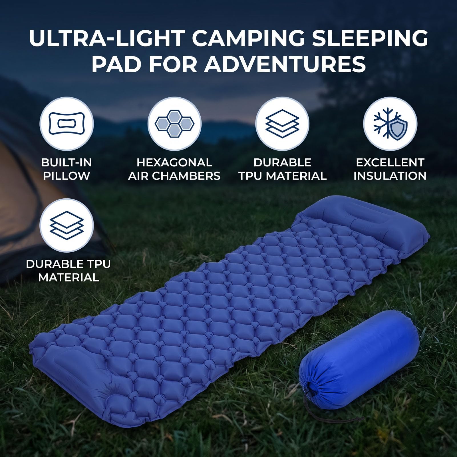 Cosiki Inflatable Sleeping Pad with Comfortable TPU Material | Wbudowana nadmuchiwana poduszka, idealna na kemping, obsługuje do 198 x 60 x 6 cm, przenośna w podróży