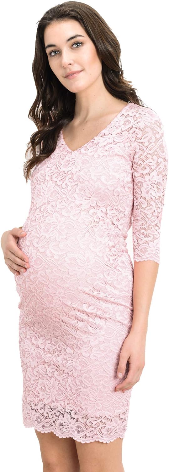 Women's Maternity Floral Lace Knee Length Bodycon Dress (Blush, XL)