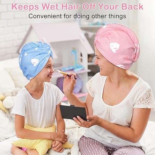 Vista 59 de Basumee Toalla de microfibra para el cabello para niños, paquete de 2 toallas de pelo de secado rápido con turbantes para cabello húmedo, toalla