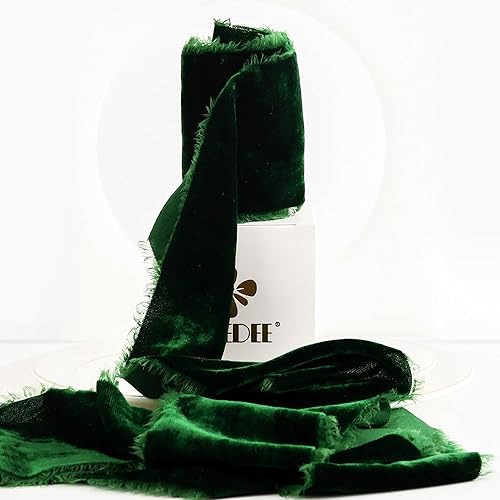 MEEDEE Cinta de terciopelo verde de 3 pulgadas con flecos de seda para coronas, ramo de flores, banda de vestido, baby shower, decoración de boda (3