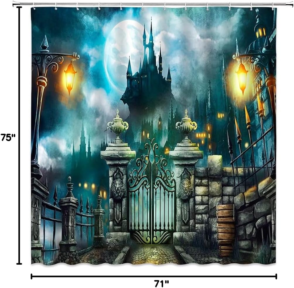 GCTNBJL Happy Halloween Shower Curtain Scary Castle Full Moon Night Spooky Gothic Horror Haunted Mansion Mysterious Magic Cool Bathroom Curtain with Hooks,Blue Gray