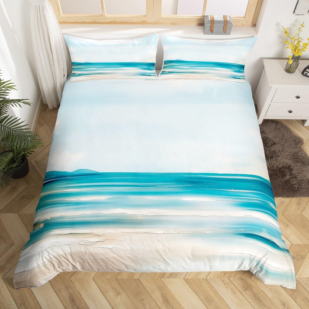 Erosebridal Abstract Beach Duvet Cover Queen Size Teal Oil Painting Bedding Set for Kids Boys Girls Ocean Sea Wave Lake Comforter Cover Summer Nature Landscape Hawaii Farmhouse Bedclothes