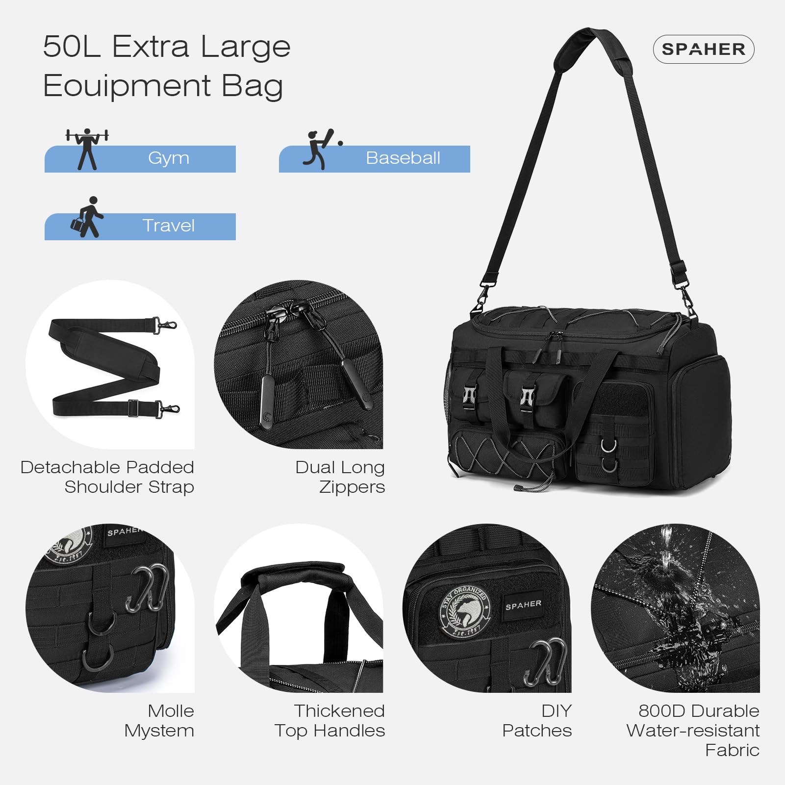 SPAHER 3 in 1 Borsone Palestra Viaggio 55x35x25 Zaino Tattico 50L, Nero | Scomparto Scarpe e Tasca Umida, Oxford Impermeabile, Tracolla Imbottita Rimovibile, per Sport, Escursionismo, Viaggi, Nuoto