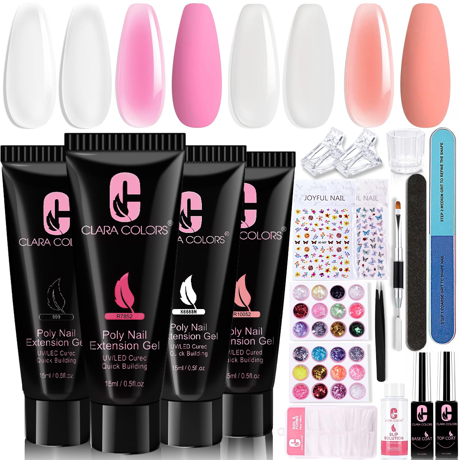 Clara ColorsPoly Gel Nail Kit with 4 Colors - Clear, White, Jelly, Nude, Pink Builder, Extension, Slip Solution, Base, Top Coat, Gel, Nail Art Tools