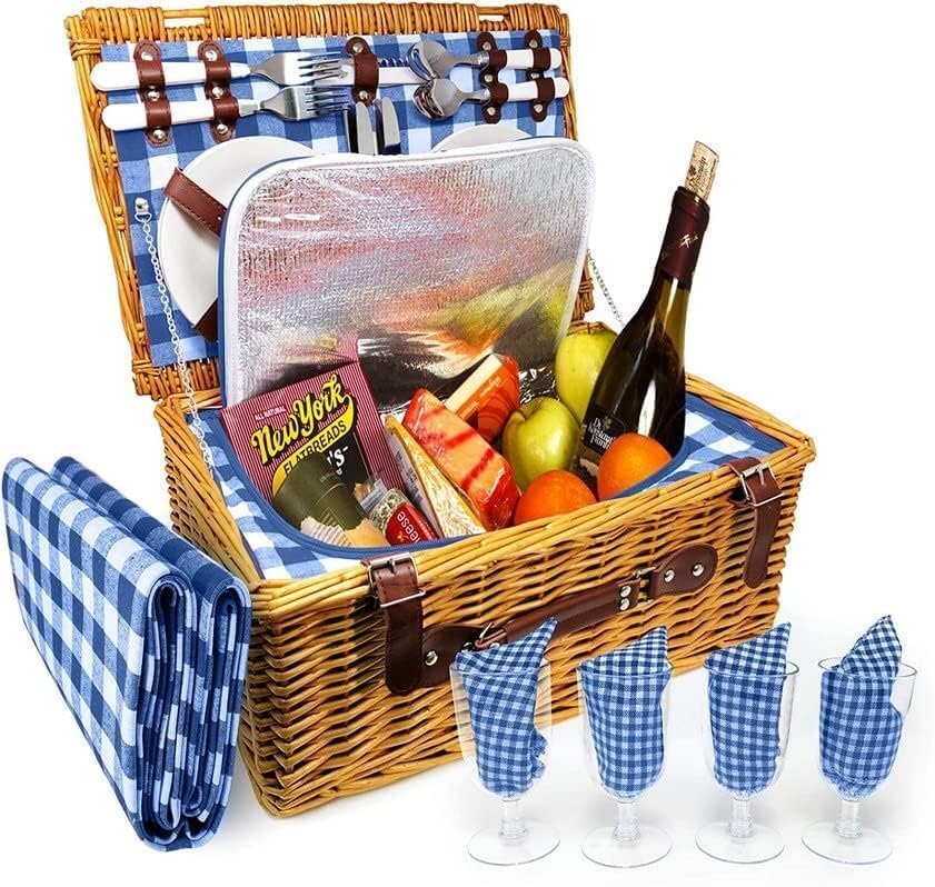 Picnic Basket, Wicker Basket with Handle for Outdoors, Insulated Woven Basket, Includes a Service Kit of Dinnerware & Wine Glasses, Picnic Basket Set for 4 with Blanket, Blue & White
