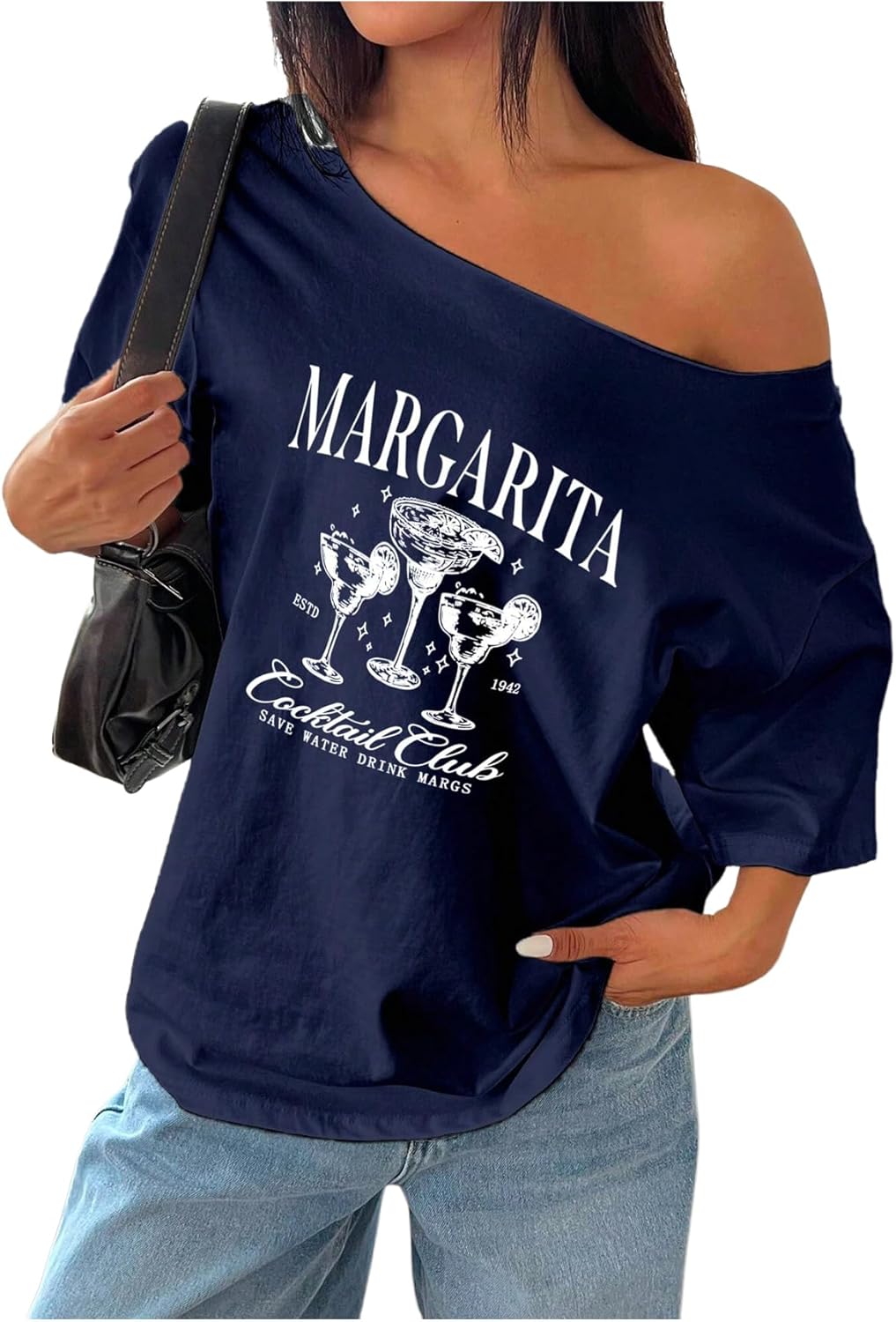 SHENHE Women's Oversized Off The Shoulder Graphic T Shirt Short Sleeve Casual Vintage Tee Top